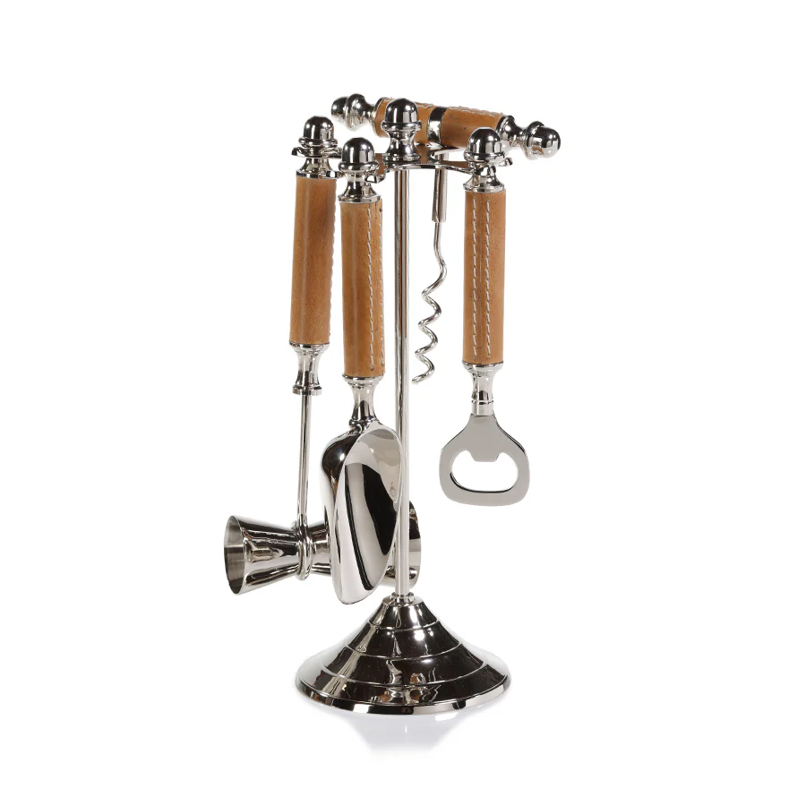 Zodax Brown Leather and Nickel Bar Tool Set