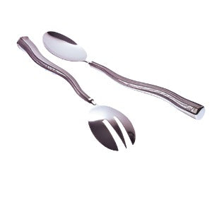 A stainless steel salad server with a woven handle, featuring a scoop and a spoon design.