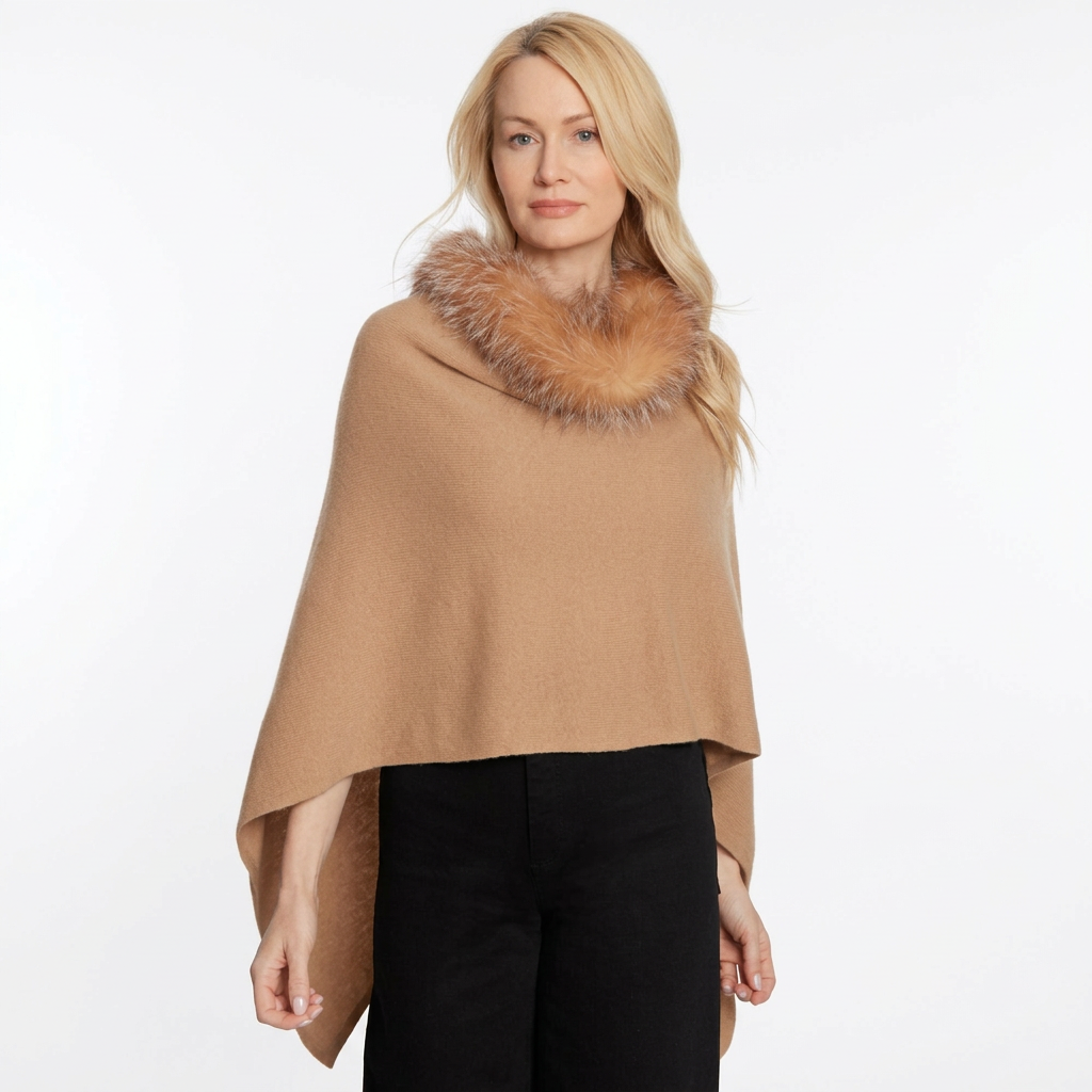 Alashan 100% Cashmere Fox Trim Topper/Camel