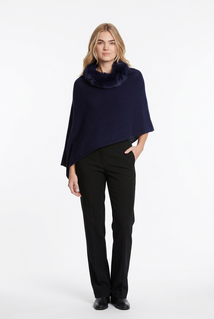 Alashan 100% Cashmere Fox Trim Topper/Indigo