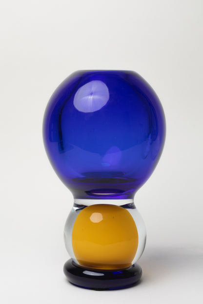 ONE BLUE GLASS VASE W/ YELLOW DOT